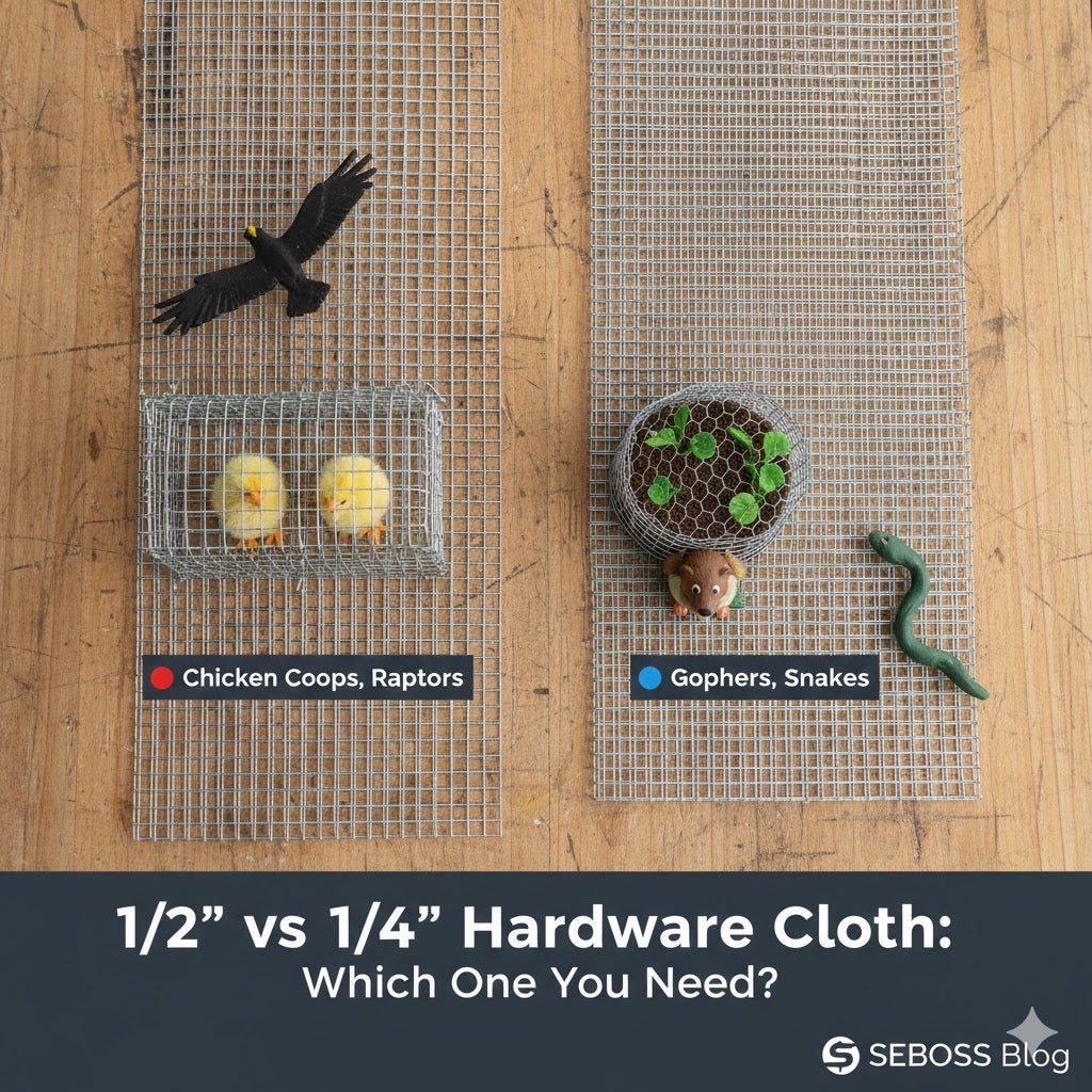Comparison guide between 1/2 inch and 1/4 inch hardware cloth for chicken coops, raptor protection, and snake-gopher-proof backyard fencing by SEBOSS