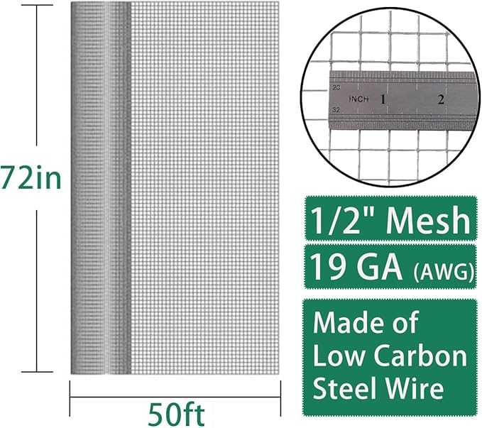 Seboss Hardware Cloth 1/2 inch opening, 72 in x 50 ft,19 Gauge