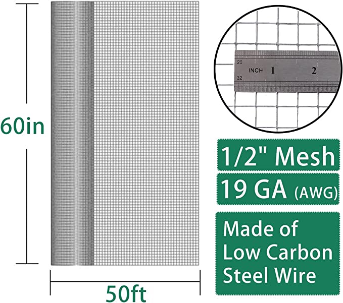 Seboss Hardware Cloth 1/2 inch opening, 60 in x 50 ft,19 Gauge